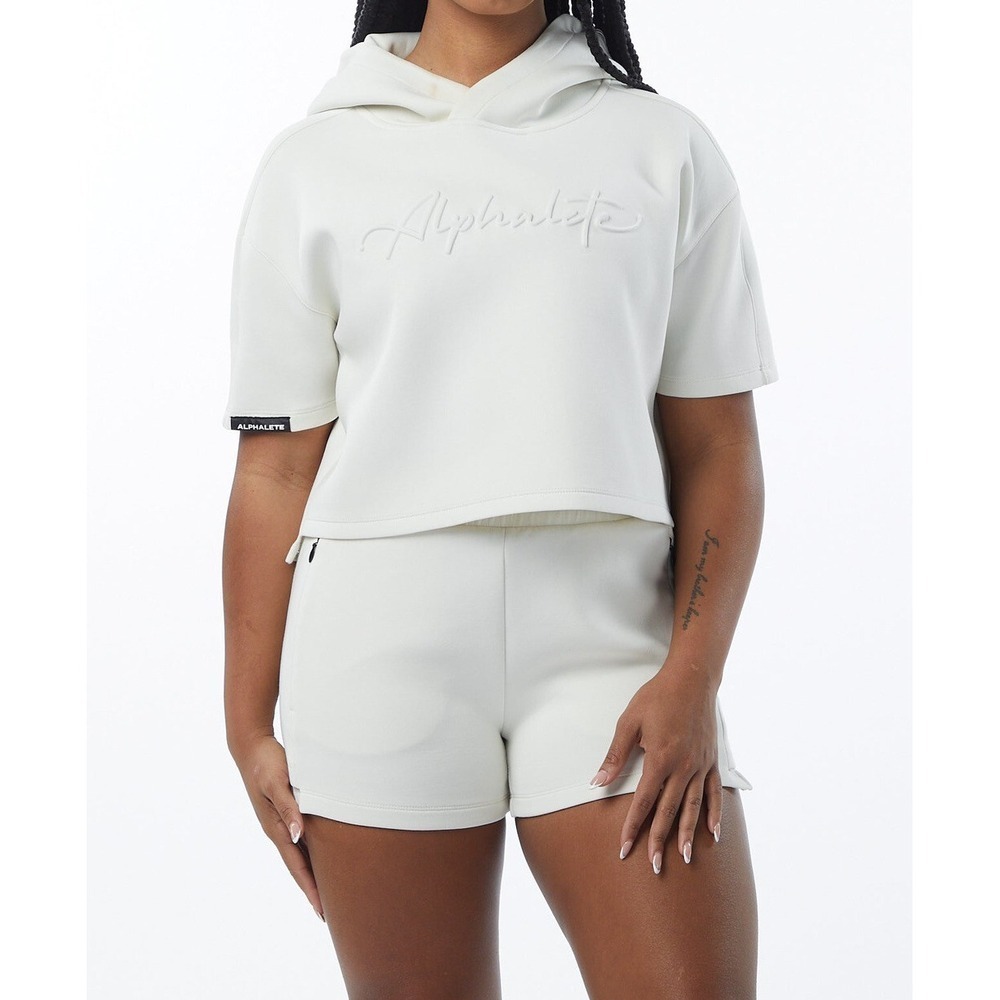 Alphalete  Woman's Cream ELMTS HALF SLEEVE HOODIE Cropped Size L